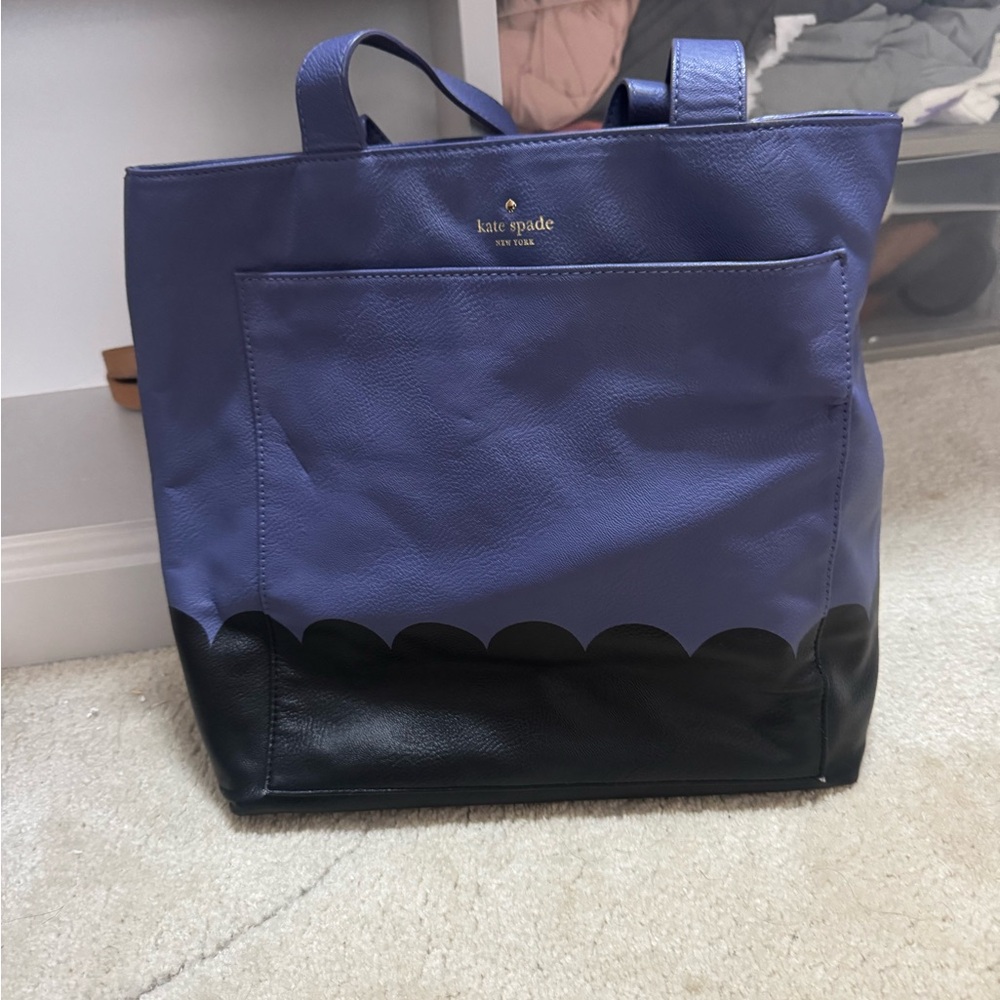 kate spade purple and black leather tote with scalloped trim